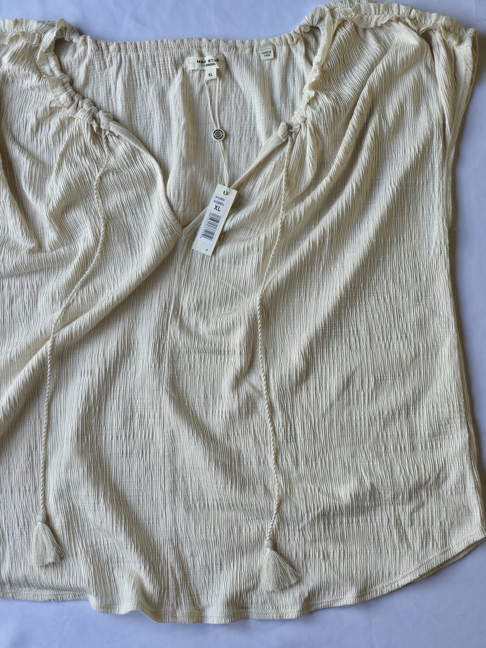Max Studio Cream Crinkle Peasant Tunic with Tassel Tie